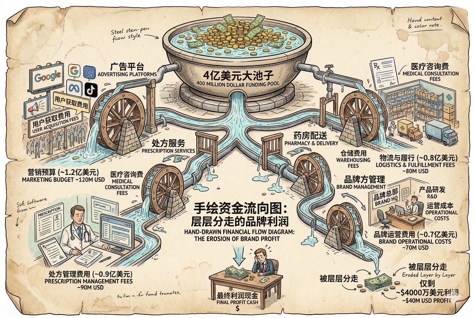 一张手绘资金流向图,从4亿美元大池子分流到广告平台、处方服务、药房配送和品牌方,最终品牌方只剩一小叠利润现金,像被多道水渠层层分走,羊皮纸,钢笔彩色手绘的统一风格。
