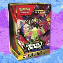 The Pokémon TCG: Mega Evolution—Perfect Order Build & Battle Box on a blue and purple background