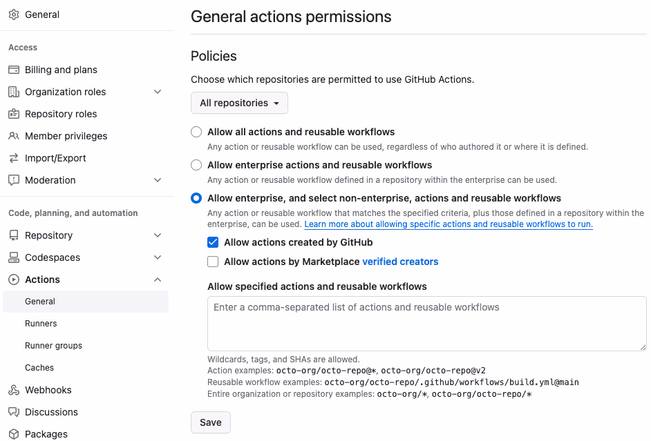 GitHub Actions Security enforce policy