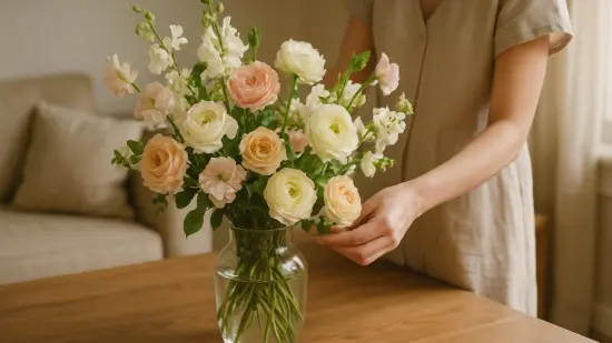 Un ramo de flores en un jarron de cristal sobre una mesa de madera, con unas manos acomodando los tallos.