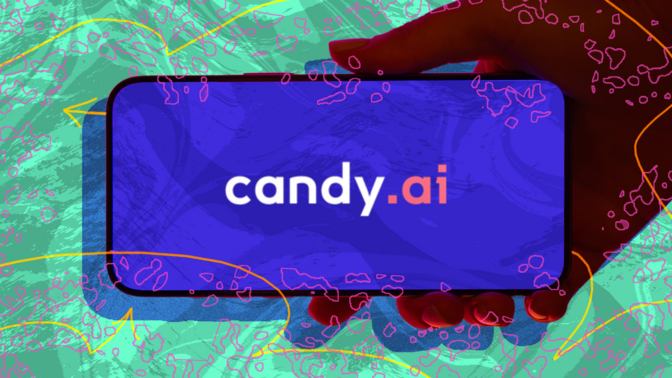 candy.ai logo on a phone screen on patterned background