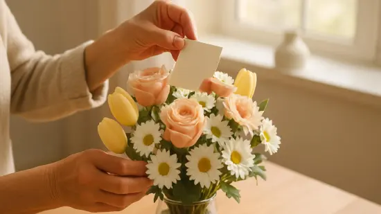 Un ramo de flores variadas sobre una mesa con una mano colocando una tarjeta.