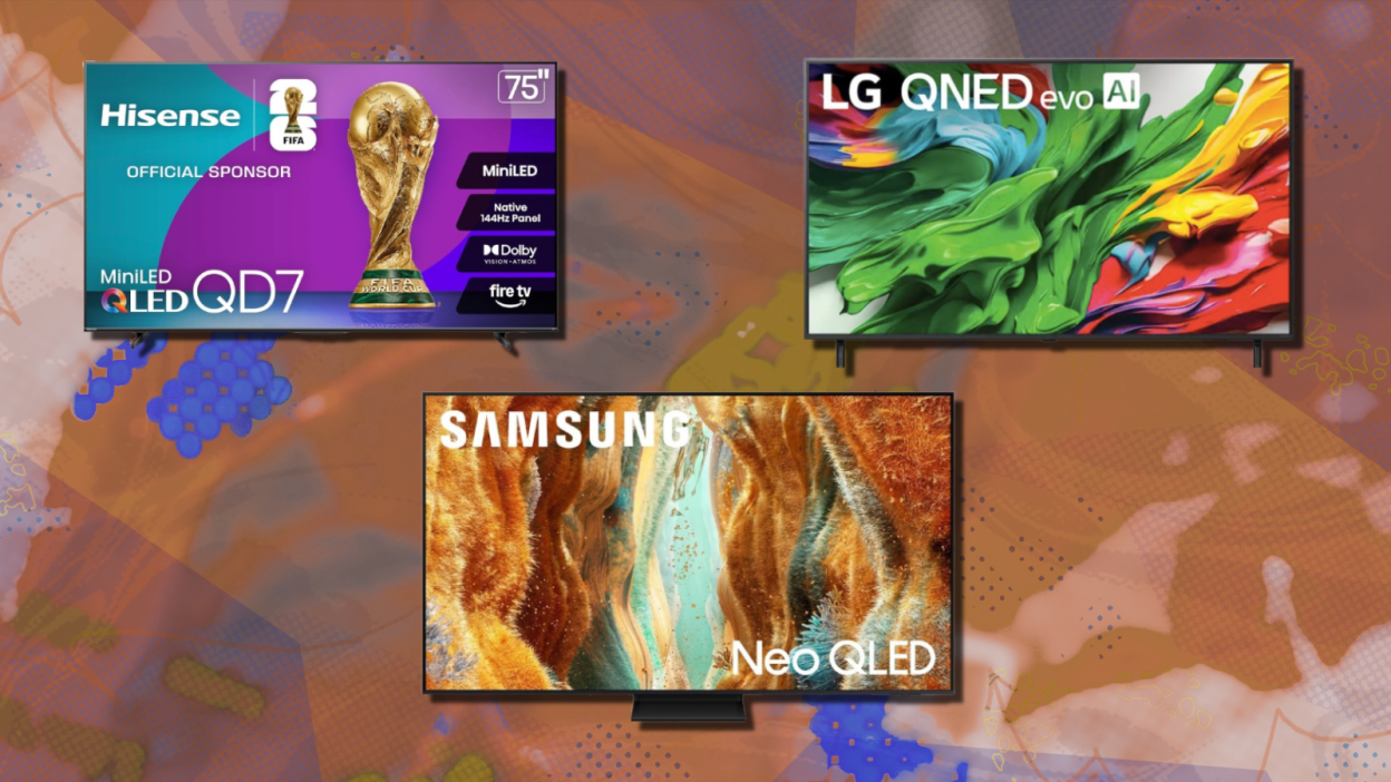 Hisense, LG, and Samsung TVs with a colorful abstract background