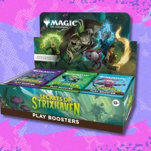 Magic the Gathering Secrets of Strixhaven booster box on pink and blue abstract background