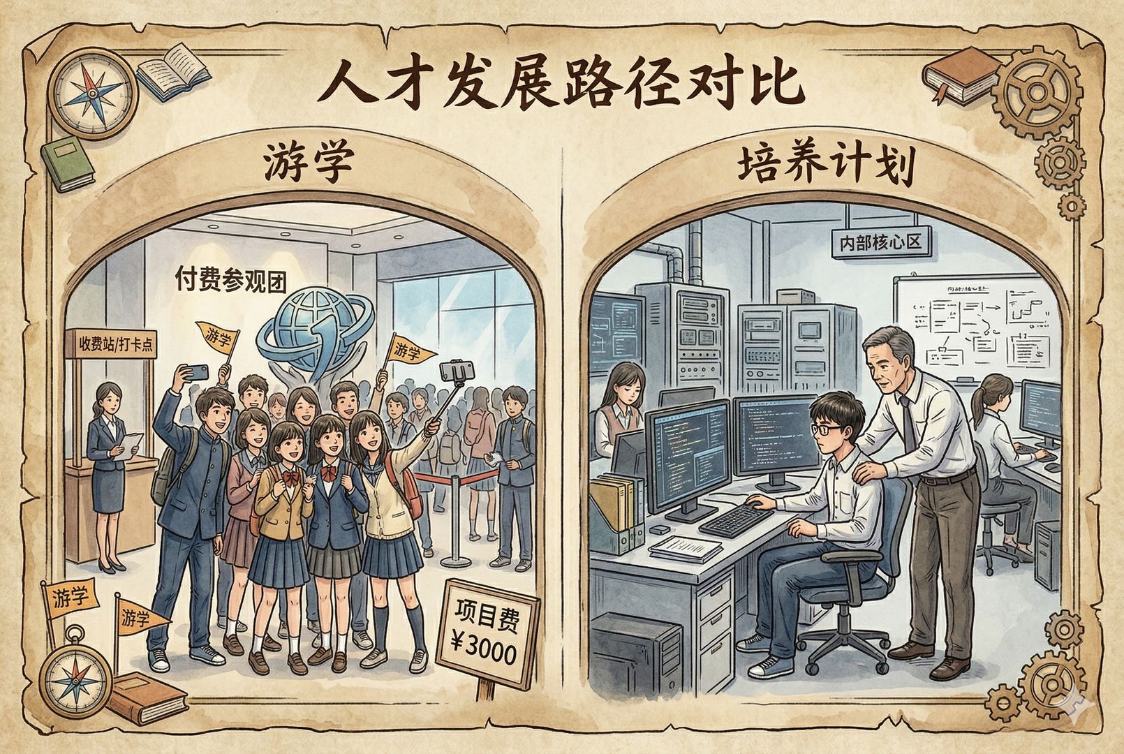 画面左右对比,一边是学生付费参加企业参观团,在大厅合影打卡;另一边是通过考试进入真实培养项目的少数学生,在工位前接受导师指导,门口分别写着“游学”和“培养计划”,对比鲜明,羊皮纸,钢笔彩色手绘的统一风格。