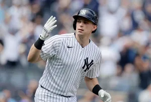 NEW YORK, NEW YORK - APRIL 18: Ben Rice #22 of the New York Yankees reacts after his third inning home run against the Kansas City Royals at Yankee Stadium on April 18, 2026 in New York City. The Yankees defeated the Royals 13-4. (Photo by Jim McIsaac/Getty Images)