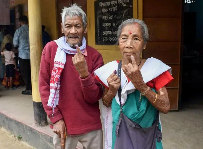 Voters show their ink-marked fingers after casting a vote at a polling station during the Assam Assembly Elections 2026 in Guwahati on Thursday Voters show their ink-marked fingers after casting a vote at a polling station during the Assam Assembly Elections 2026 in Guwahati on Thursday