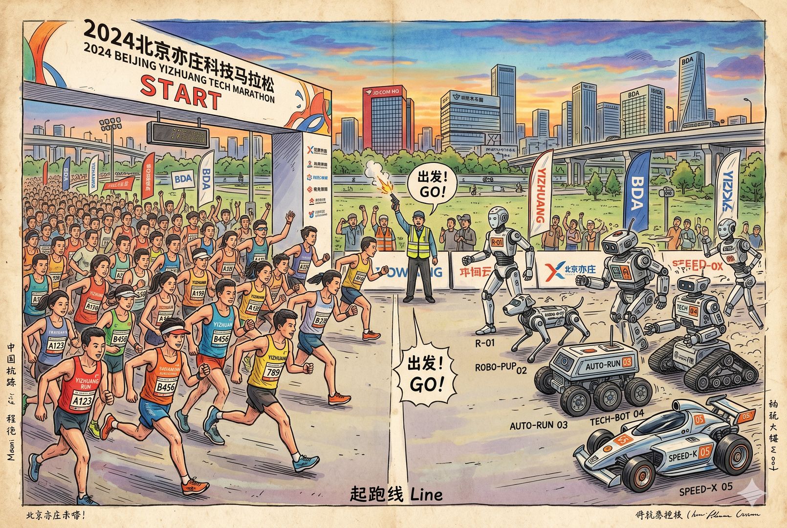 清晨的北京亦庄赛道,左侧成群人类跑者,右侧多台形态各异的机器人并列起跑,发令枪响瞬间,城市道路与科技氛围同框,羊皮纸,钢笔彩色手绘的统一风格。