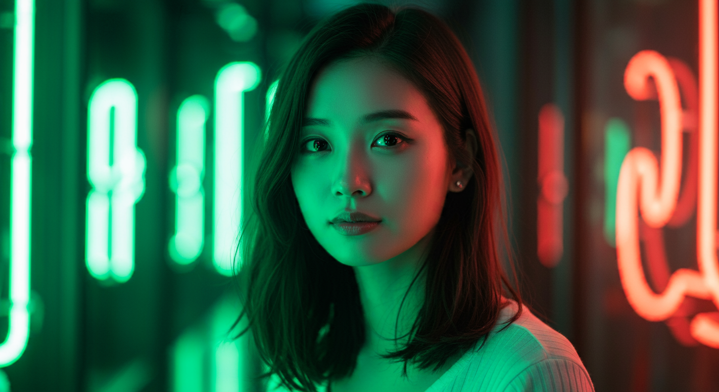 A portrait of an Asian woman with neon green lights in the background, shallow depth of field.