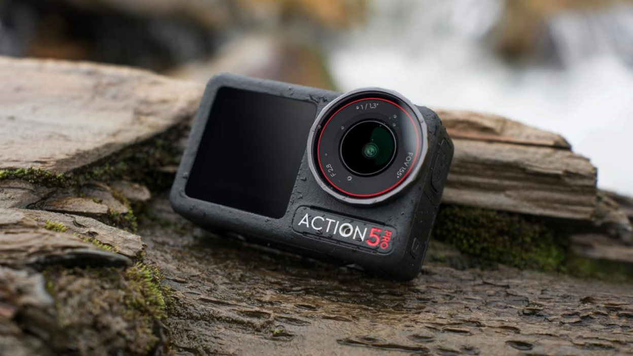 DJI Osmo Action 5 Pro camera outside on rocks