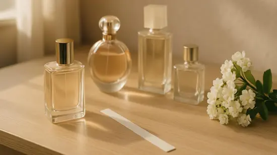 Un tocador con frascos de perfume y tiras olfativas junto a flores, con luz suave de ventana.
