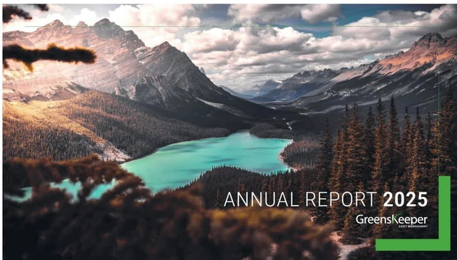 Cover of the 2025 Annual Report featuring a scenic mountain landscape with a turquoise lake and dense forest. The text 'ANNUAL REPORT 2025' and the GreensKeeper logo are overlaid on the bottom right.