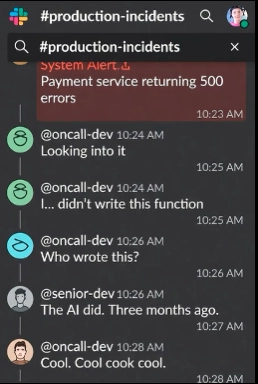 slack conversation about production outage