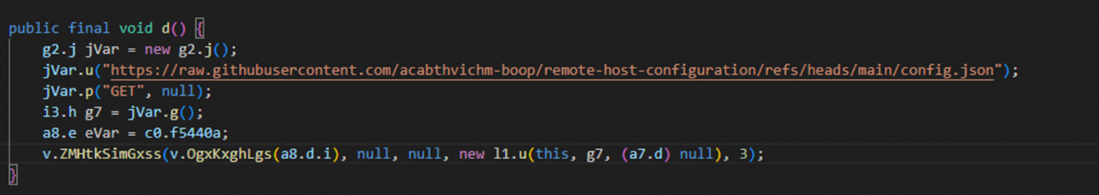 Рисунок 30. Фрагмент кода с получением конфигурационного файла с GitHub Рисунок 30. Фрагмент кода с получением конфигурационного файла с GitHub