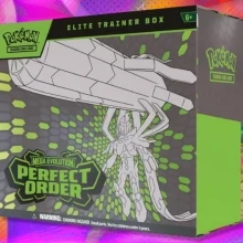 The Pokemon TCG: Perfect Order Elite Trainer Box on a purple, red, and orange background