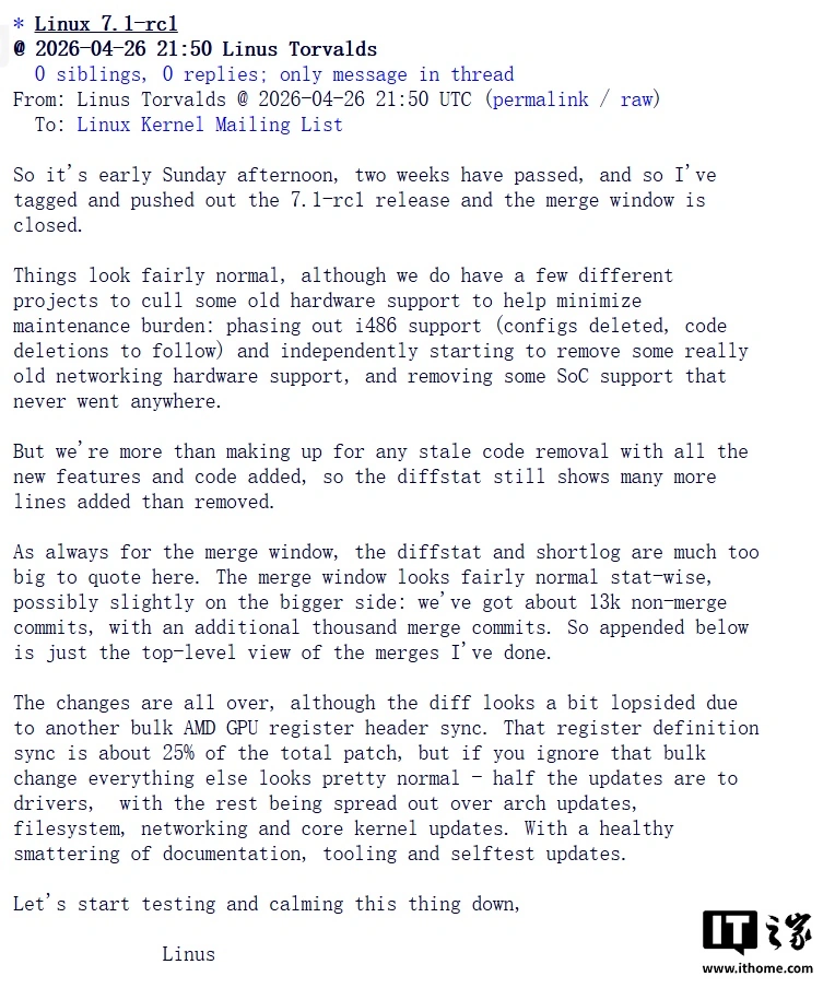 Linux 7.1 首个候选版本发布:NTFS 驱动重写提速超 35%,40 年 i486 架构正式退役