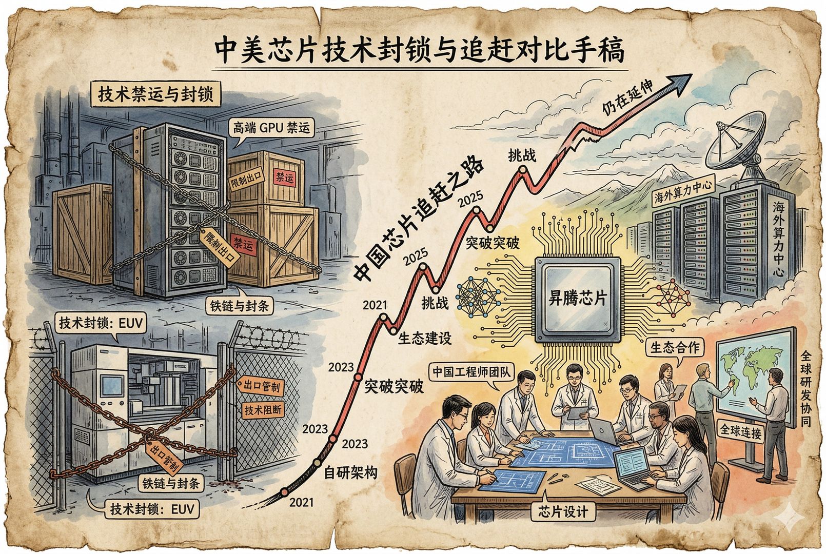 一幅对比构图:左边是被禁运标签封住的高端GPU与EUV设备,右边是昇腾芯片、海外算力中心和中国工程师协同工作的画面,中间是一条仍在延伸的追赶曲线,羊皮纸,钢笔彩色手绘的统一风格。