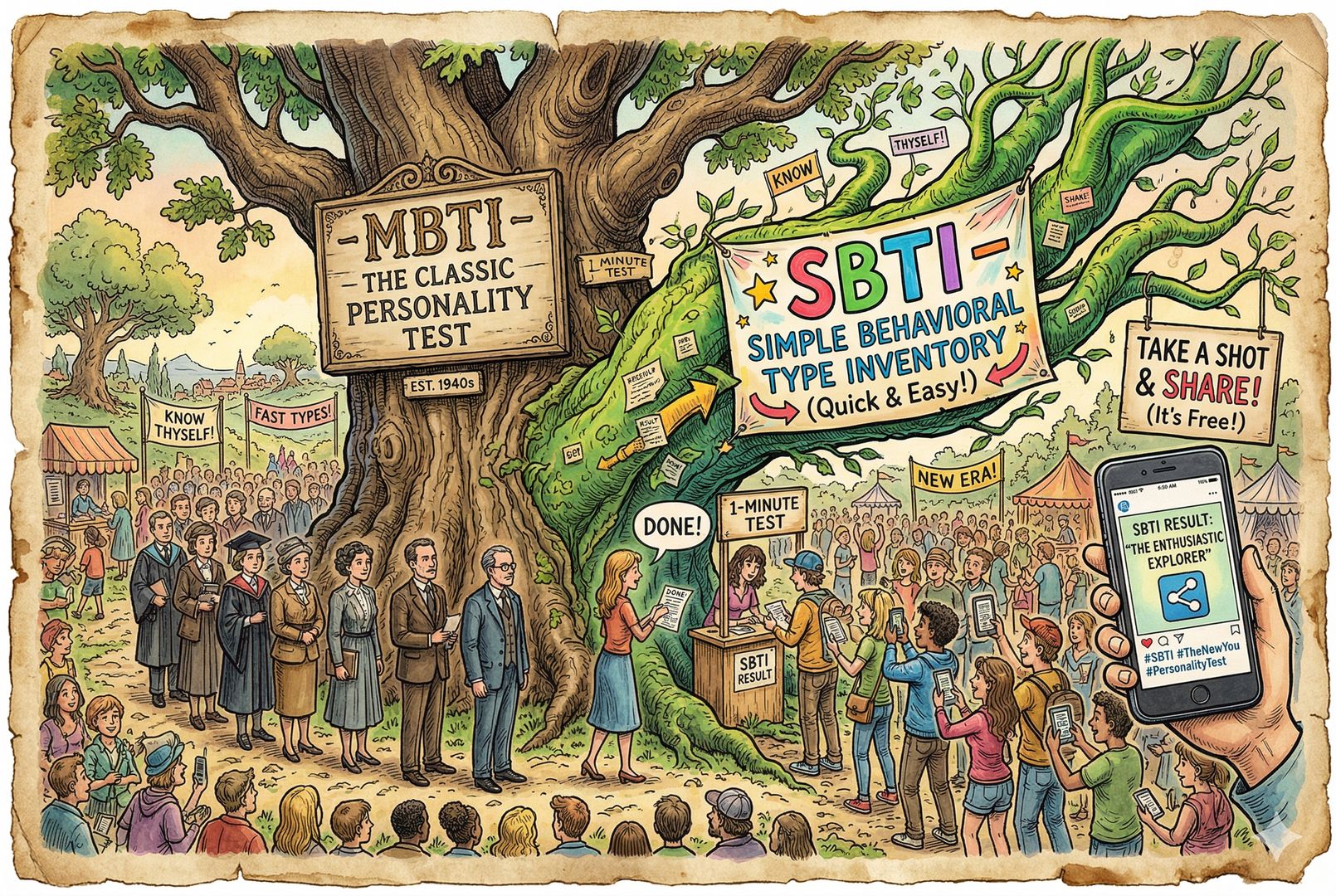 一棵大树上挂着 MBTI 的老牌招牌,旁边新长出一根写着 SBTI 的夸张枝条,树下人群排队测试、截图转发,象征借势传播和低门槛扩散,羊皮纸,钢笔彩色手绘的统一风格。