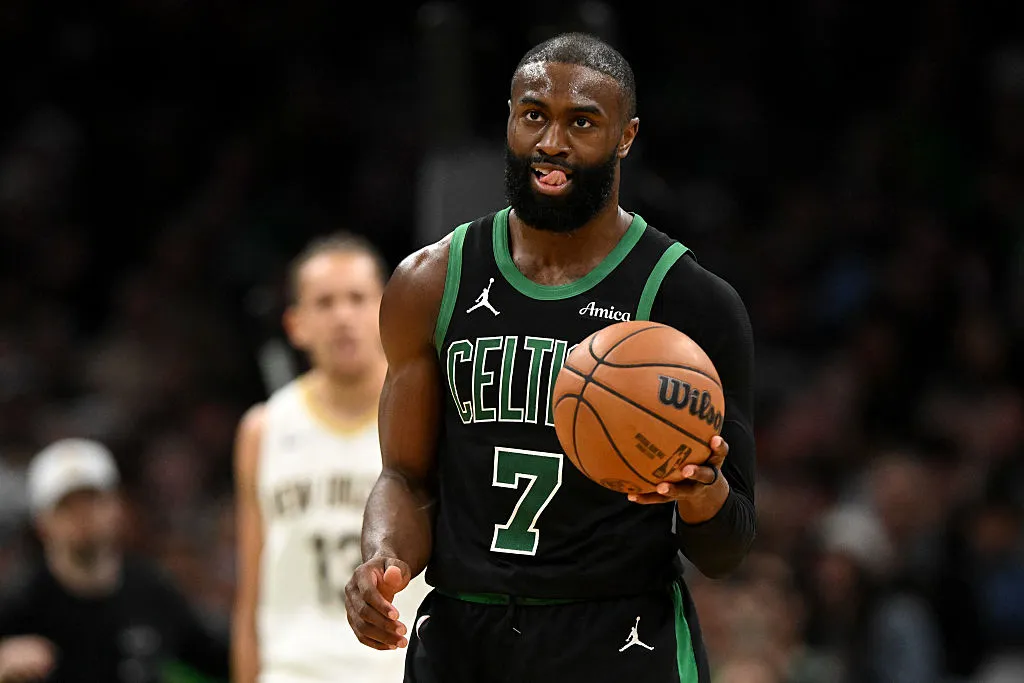 BOSTON, MASSACHUSETTS - APRIL 10: Jaylen Brown #7 of the Boston Celtics reacts after being called for a foul during the second half of a game against the New Orleans Pelicans at the TD Garden on April 10, 2026 in Boston, Massachusetts. NOTE TO USER: User expressly acknowledges and agrees that, by downloading and or using this photograph, User is consenting to the terms and conditions of the Getty Images License Agreement. (Photo by Brian Fluharty/Getty Images)