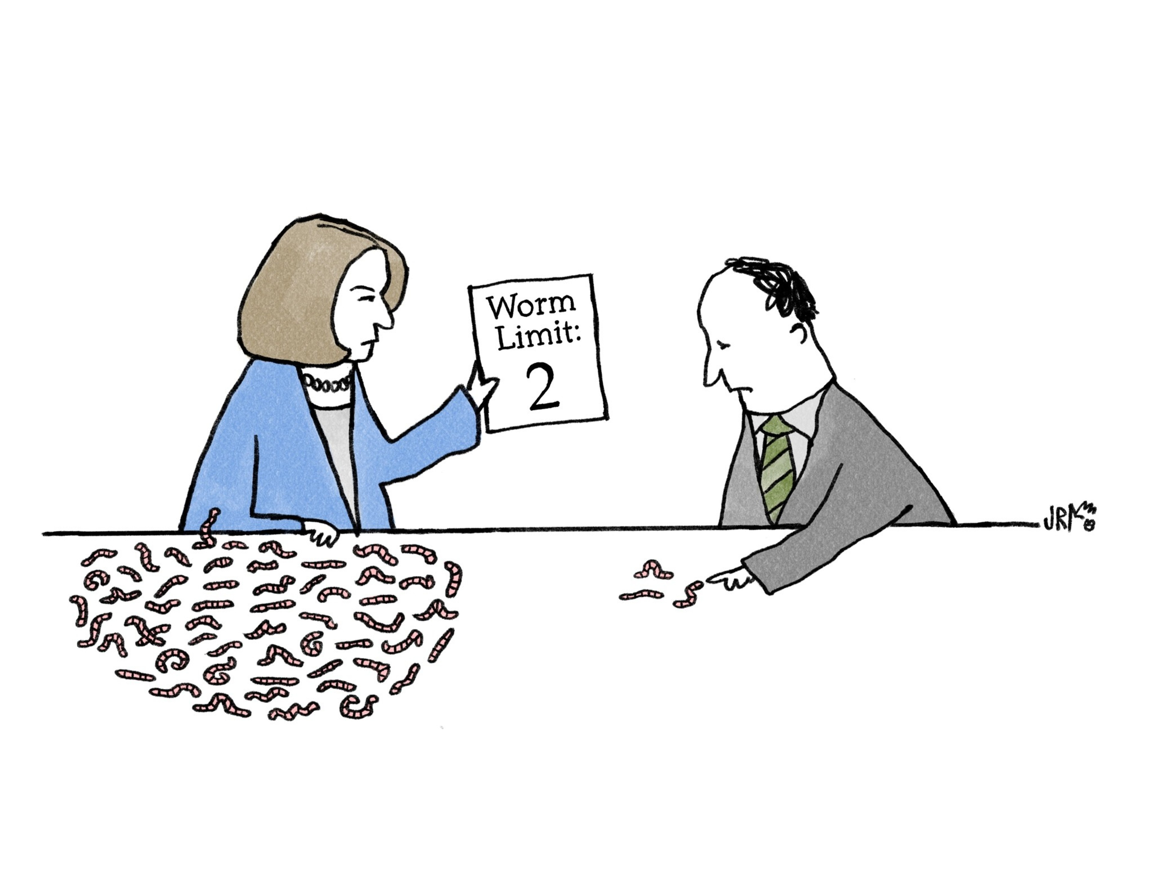 A woman holding a sign saying "Worm Limit: 2" sits by a large pile of worms, while a man with only two worms looks at them on the table.