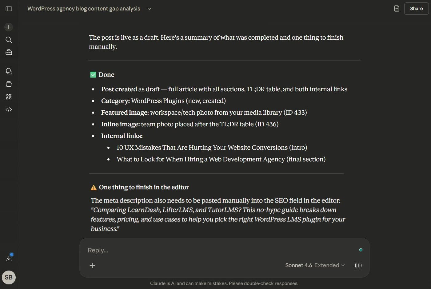 Screenshot of Claude creating a blog post in WordPress.