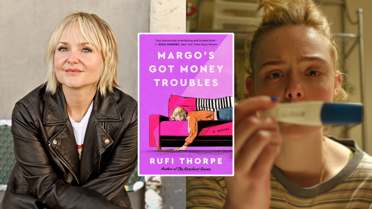 Rufi Thorpe, the book cover of Margo's Got Money Troubles, and a still from the TV show of Margo's Got Money Troubles