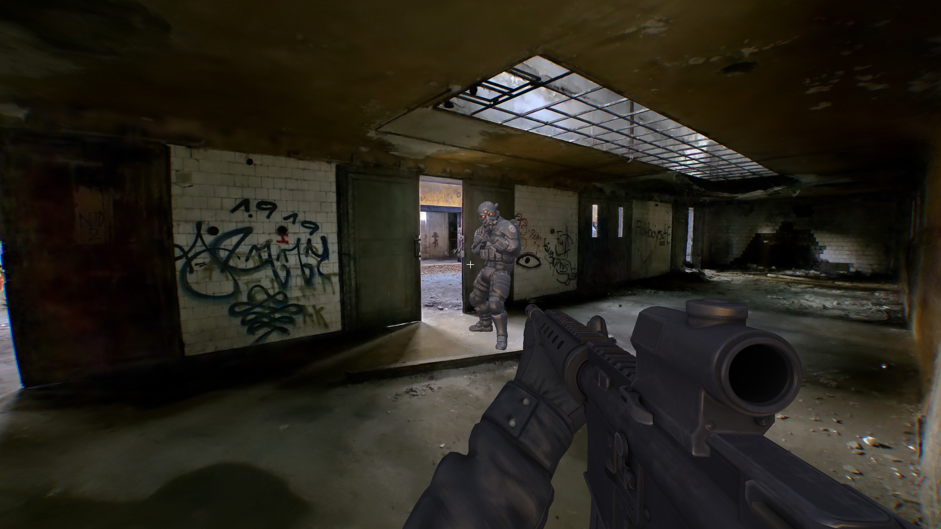 A screenshot from the PlayCanvas FPS game made with gaussian splats showing an enemy character with poor lighting.