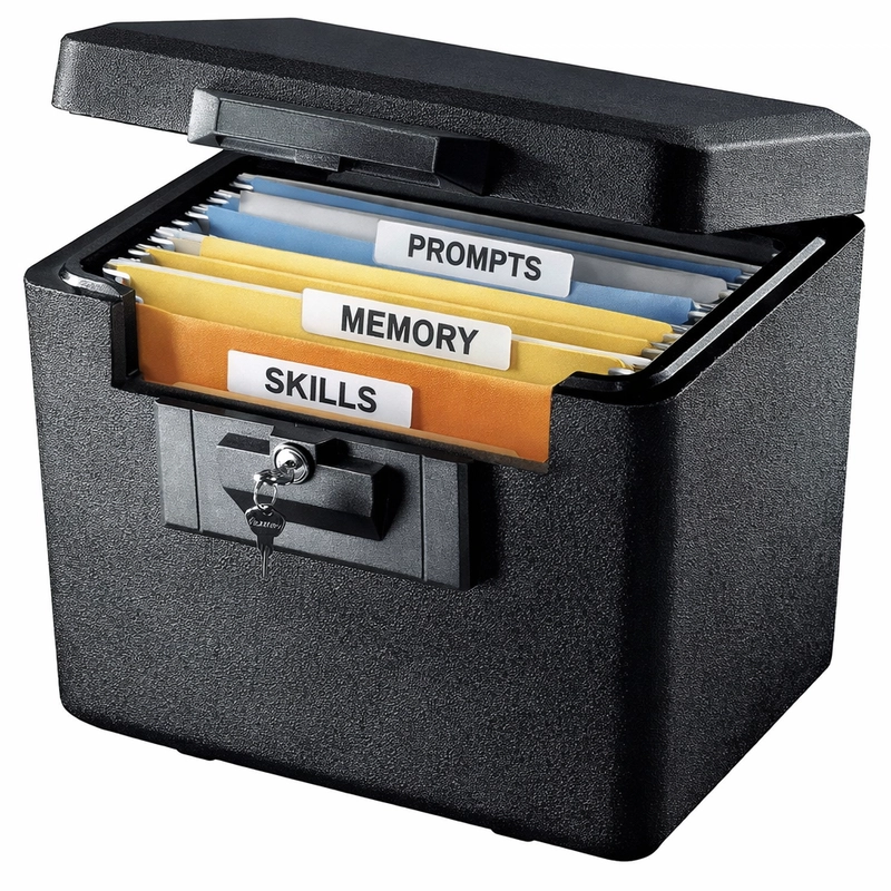 A small personal safe, door open, with neatly organized labeled folders visible inside.