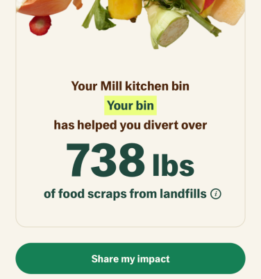 Mill app showing Leah that she her Mill bin has diverted 738 pounds from the landfill