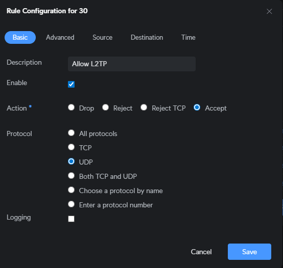 Basic tab for L2TP rule
