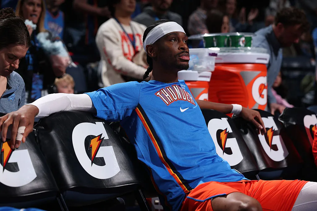OKLAHOMA CITY, OK - JANUARY 25: Shai Gilgeous-Alexander #2 of the Oklahoma City Thunder looks on before the game against the Toronto Raptors on January 25, 2026 at Paycom Center in Oklahoma City, Oklahoma. NOTE TO USER: User expressly acknowledges and agrees that, by downloading and or using this photograph, User is consenting to the terms and conditions of the Getty Images License Agreement. Mandatory Copyright Notice: Copyright 2026 NBAE (Photo by Zach Beeker/NBAE via Getty Images)
