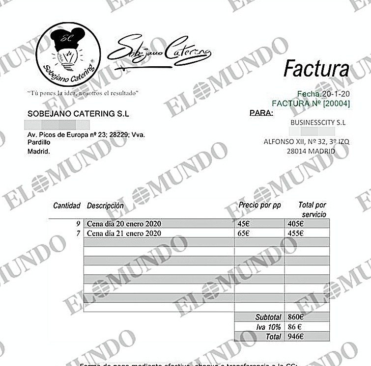 Factura del 'catering' pagada por V�ctor de Aldama.