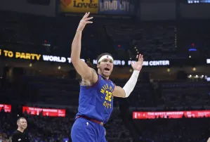May 13, 2025; Oklahoma City, Oklahoma, USA; Denver Nuggets forward Aaron Gordon (32) reacts after a play against the Oklahoma City Thunder during the second quarter of game five of the second round for the 2025 NBA Playoffs at Paycom Center. Mandatory Credit: Alonzo Adams-Imagn Images