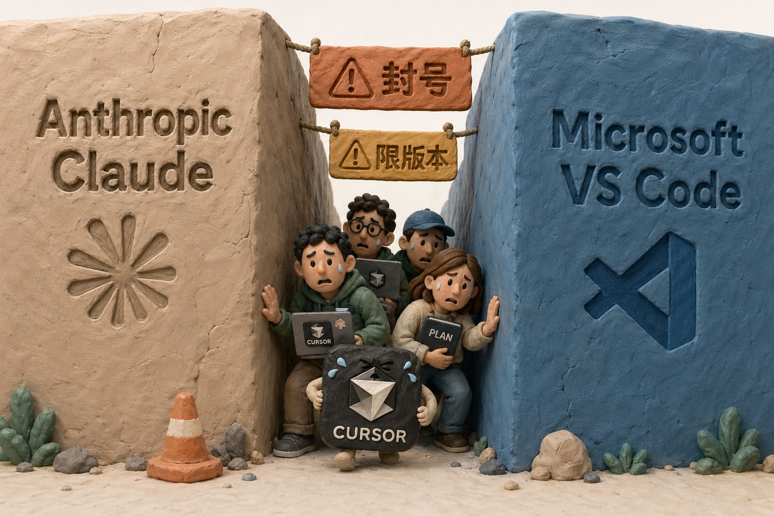 一个被夹在两堵高墙之间的小型开发工具图标,左边高墙刻着“Anthropic Claude”,右边高墙刻着“Microsoft VS Code”,中间狭窄通道里Cursor团队抱着笔记本艰难前行,上方还有“封号”“限版本”告示,羊皮纸,钢笔彩色手绘的统一风格。