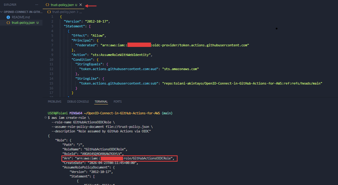 terminal output of the AWS CLI create-role command showing the returned Role ARN