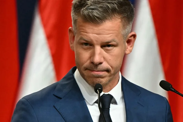 Péter Magyar, leader of the pro-European conservative Tisza party, delivers a press conference in Budapest, Hungary, on April 13, 2026. 