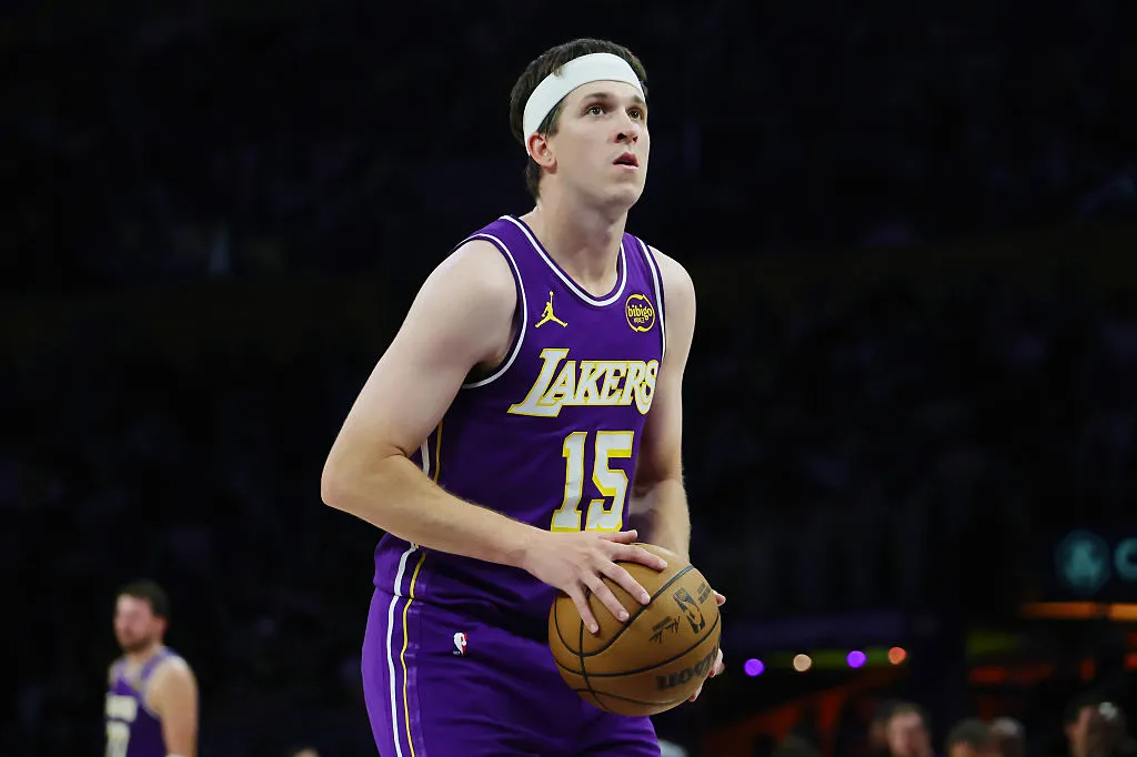 LOS ANGELES, CA - MARCH 27: Austin Reaves #15 of the Los Angeles Lakers prepares to shoot a free throw during the first half of an NBA game against the Brooklyn Nets at Crypto.com Arena on March 27, 2026 in Los Angeles, California. NOTE TO USER: User expressly acknowledges and agrees that, by downloading and or using this photograph, User is consenting to the terms and conditions of the Getty Images License Agreement. (Photo by Kevin Terrell/Getty Images)
