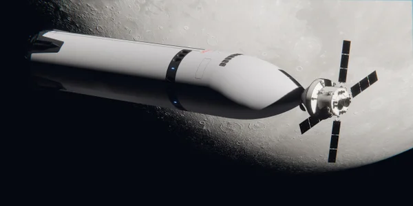 A large tube-like pointed spacecraft docked to a smaller canister spacecraft with four black wings.