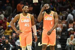 CLEVELAND, OHIO - MARCH 24: Donovan Mitchell #45 and James Harden #1 of the Cleveland Cavaliers react during the second half against the Orlando Magic at Rocket Arena on March 24, 2026 in Cleveland, Ohio. NOTE TO USER: User expressly acknowledges and agrees that, by downloading and or using this photograph, User is consenting to the terms and conditions of the Getty Images License Agreement. (Photo by Nick Cammett/Getty Images)