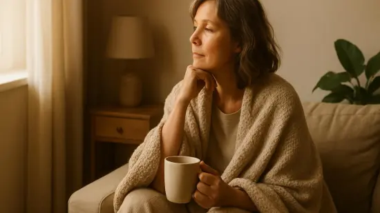 Mujer en casa, en un ambiente cálido y sereno, reflexionando con una taza entre las manos.
