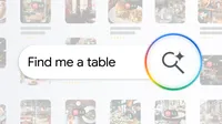 A search bar with text "Find me a table" and a glowing AI search icon. It is overlaid on a background of restaurant cards.