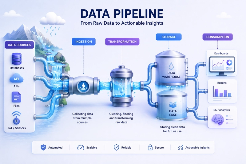 A data pipeline represented as a water system, showing how raw data flows through ingestion, transformation, storage, and finally consumption.
