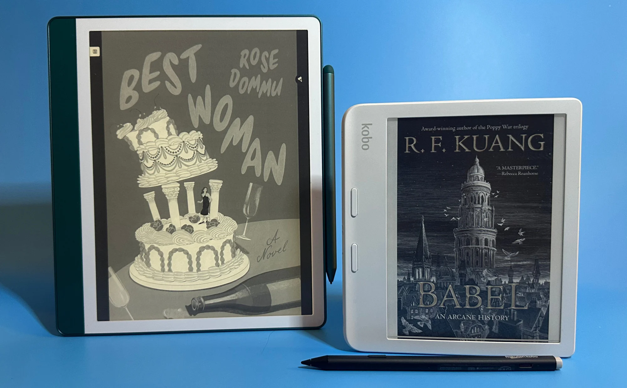 On the left, a Kindle Scribe and on the right, a Kobo Libra Colour.