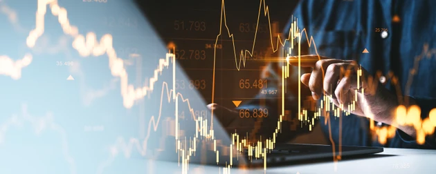 Business analyst interacting with stock market chart interface on digital screen, showing forex growth and crypto trading concept on modern background.