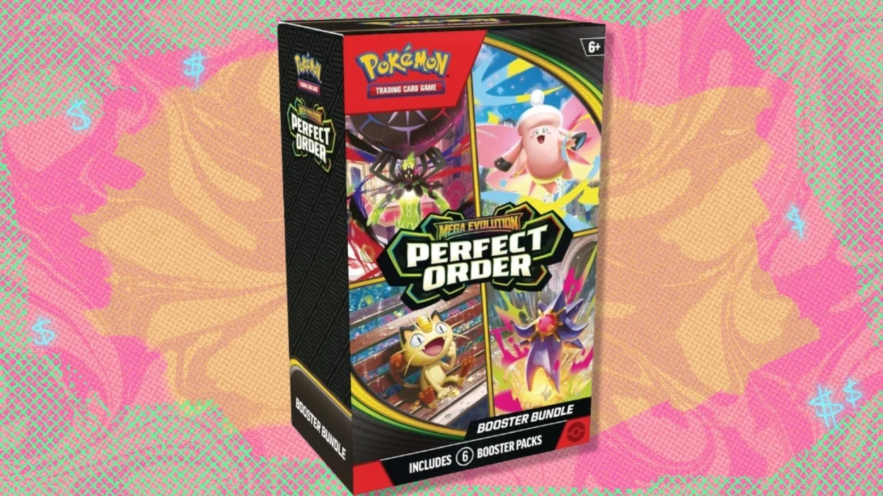 The Pokémon TCG: Mega Evolution—Perfect Order Booster Bundle on a green, orange, and red background