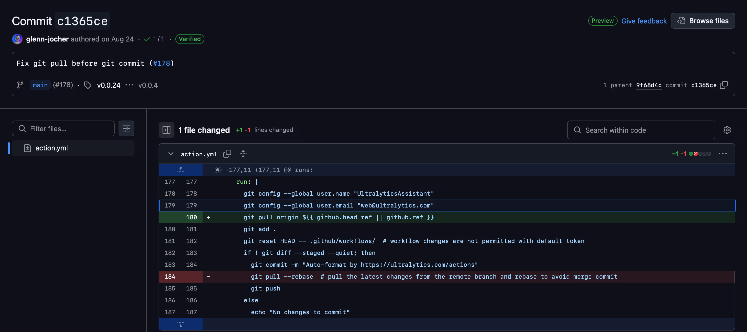 Image highlighting a commit (c1365ce) that accidentally reintroduced a previously patched vulnerability in the workflow