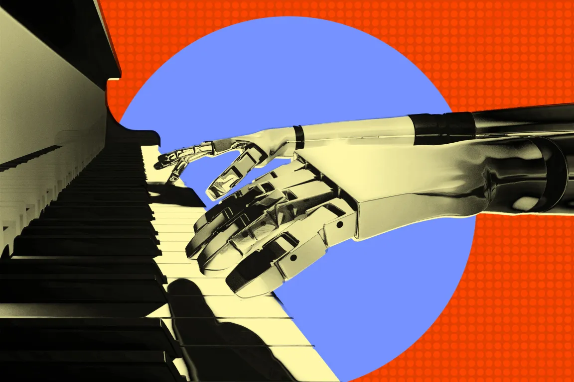 A robotic hand playing the keys of a piano, set against a vibrant background featuring a large blue circle on an orange backdrop with a subtle dotted pattern. The robotic hand is metallic and detailed, positioned as if pressing the piano keys.