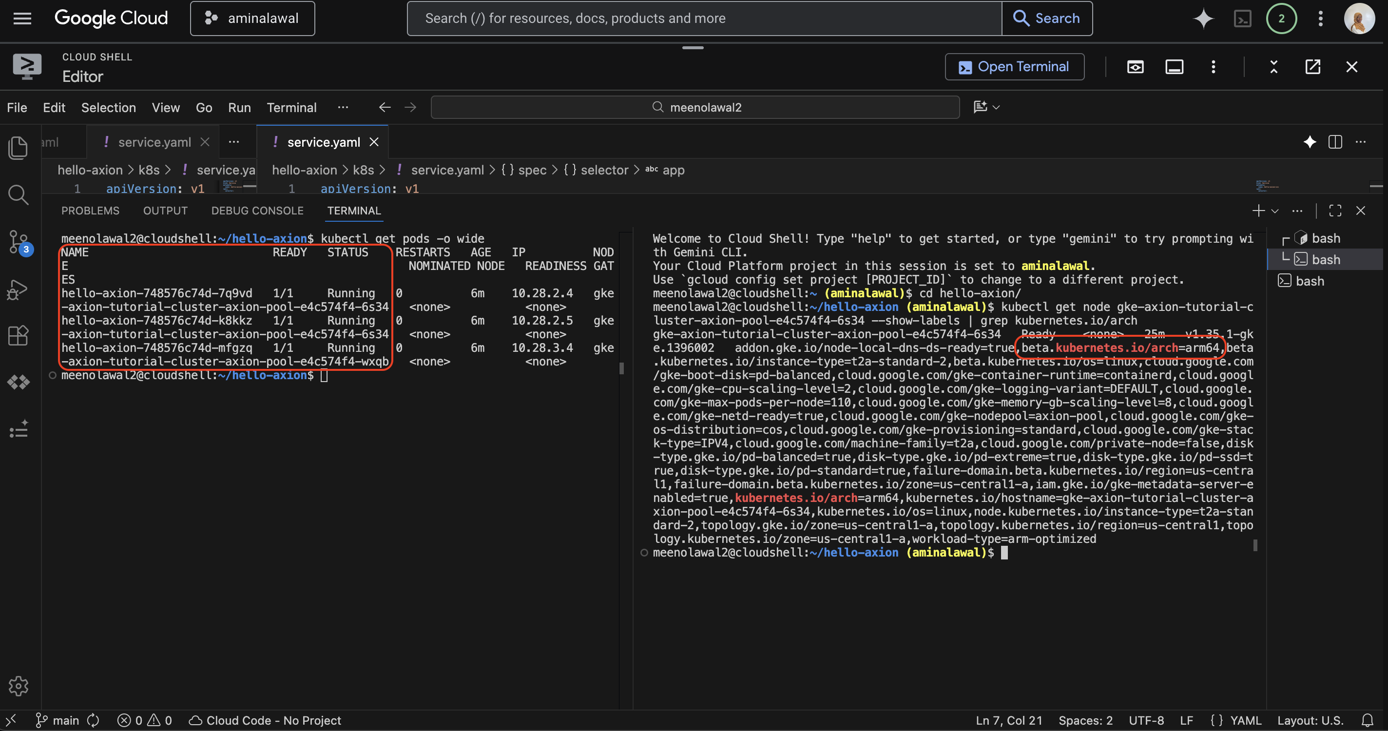 Terminal split into two sections: the top showing kubectl get pods -o wide with all pods scheduled on nodes containing axion-pool in the name, and the bottom showing kubectl get node with kubernetes.io/arch=arm64 in the labels output.