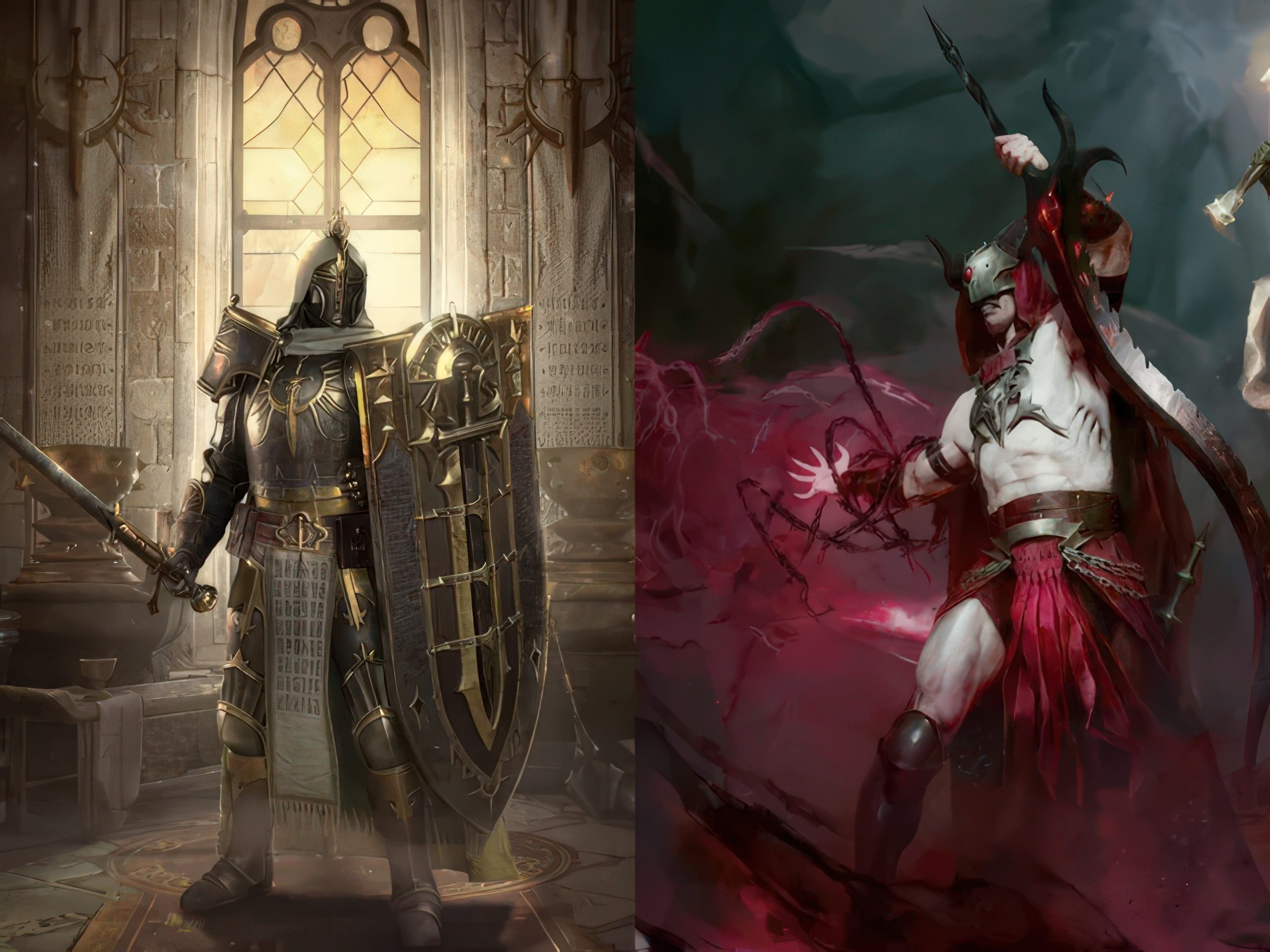 Two contrasting fantasy characters, a heavily armored knight with a shield and sword on the left, and a scantily clad, horned warrior wielding dark energy on the right, depicted in an artful digital illustration.