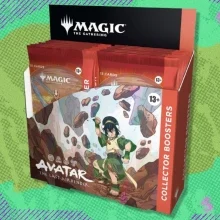 The Magic: The Gathering Avatar: The Last Airbender Collector Booster Box on a green and purple background